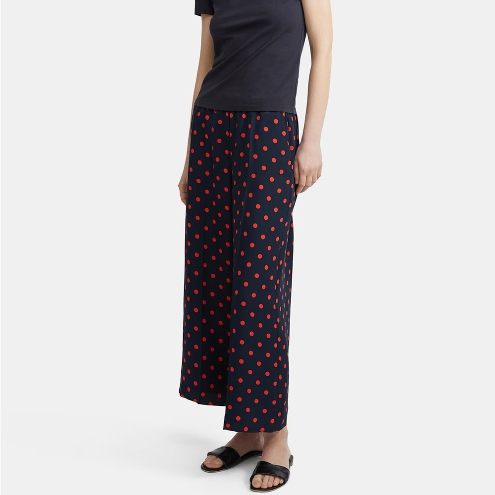 Theory Navy Blue/Red Polka Dot Wide Leg Silk Pants